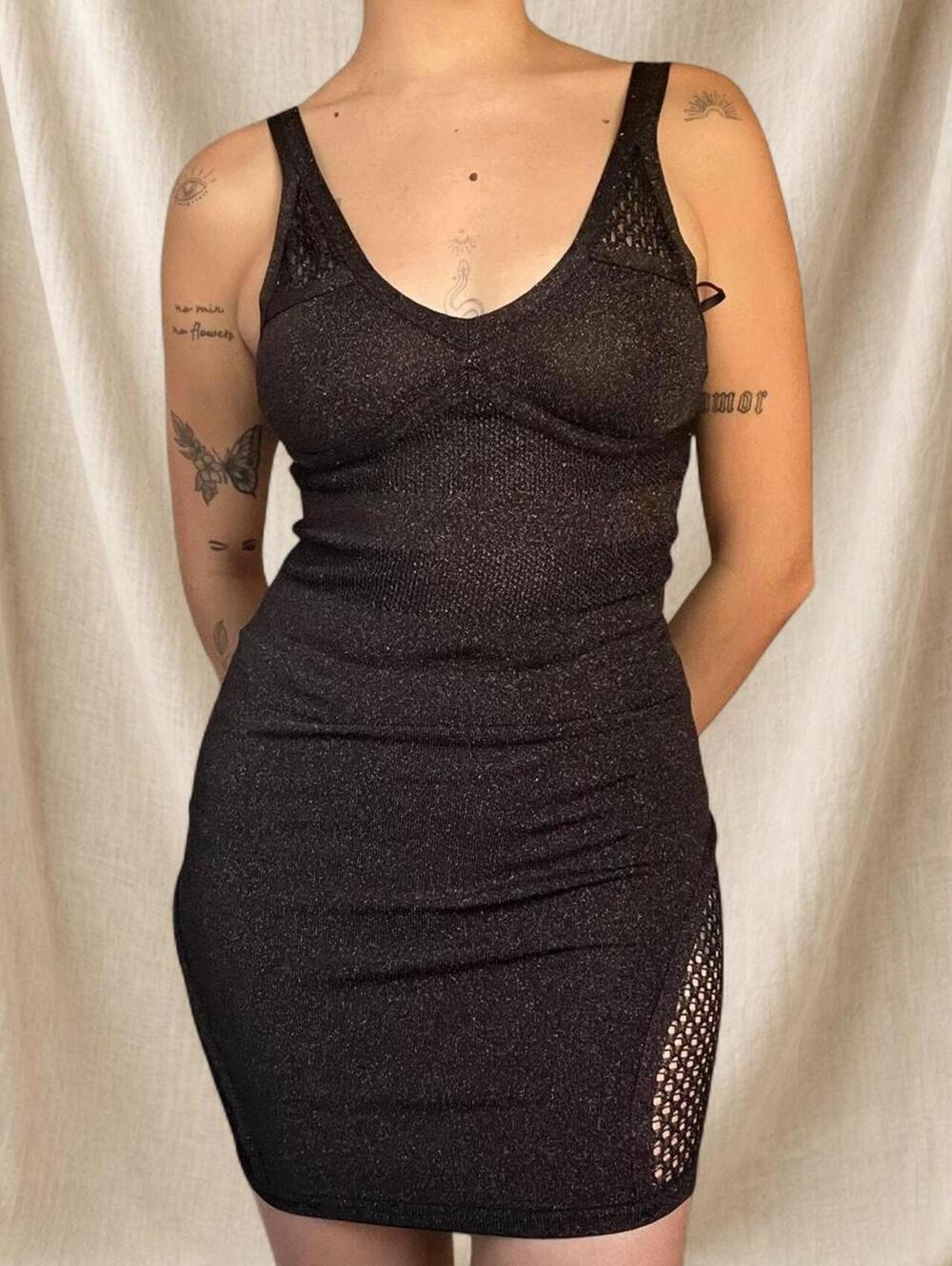Bebe glittery bodycon dress with open knit details by hips